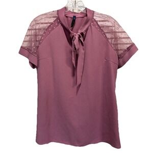 Luna Rae Mauve Blouse Size Small Sheer Short Sleeve Chiffon Tie‎ Neck